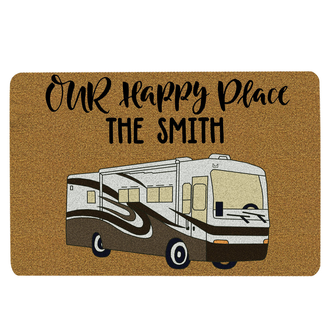 Ohaprints-Doormat-Outdoor-Indoor-Camping-Our-Happy-Place-Camper-Brown-Custom-Personalized-Name-Rubber-Door-Mat-1655-18'' x 30''