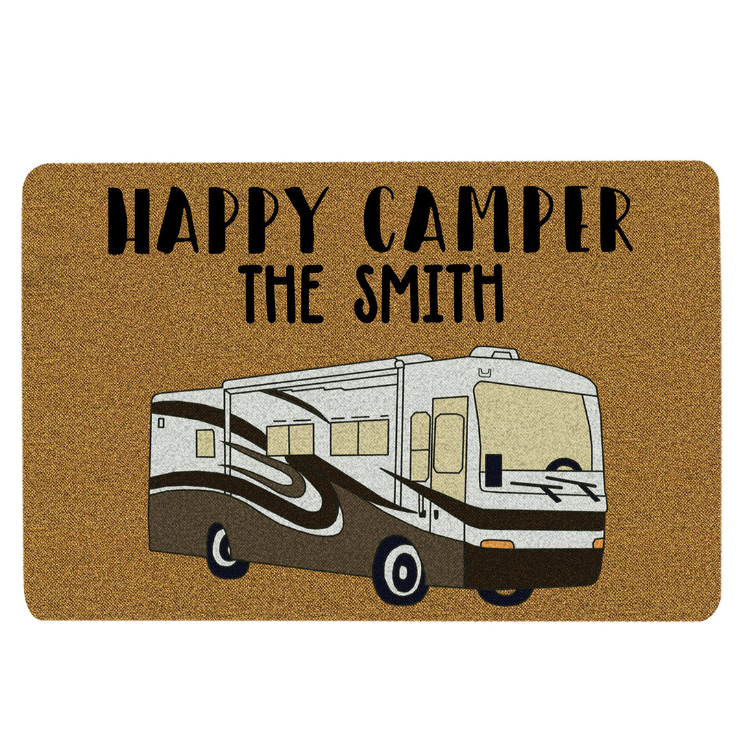 Ohaprints-Doormat-Outdoor-Indoor-Camping-Lover-Gift-Happy-Camper-Brown-Custom-Personalized-Name-Rubber-Door-Mat-1656-18'' x 30''