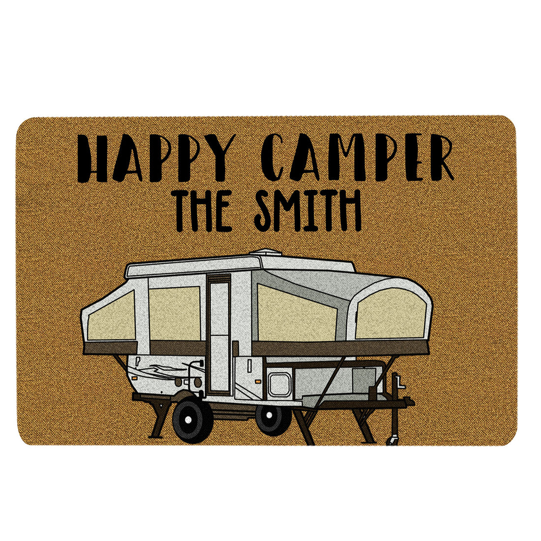 Ohaprints-Doormat-Outdoor-Indoor-Happy-Camper-Camping-Lover-Gifts-Brown-Custom-Personalized-Name-Rubber-Door-Mat-1658-18'' x 30''