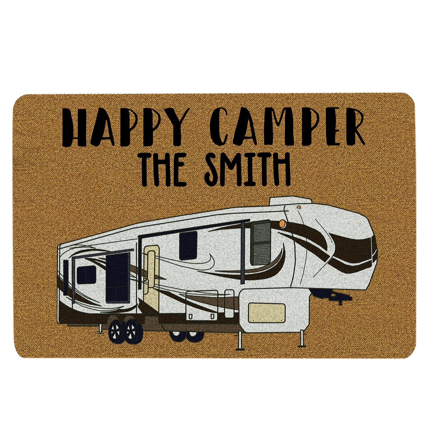 Ohaprints-Doormat-Outdoor-Indoor-Camping-Lovers-Gift-Happy-Camper-Brown-Custom-Personalized-Name-Rubber-Door-Mat-1661-18'' x 30''