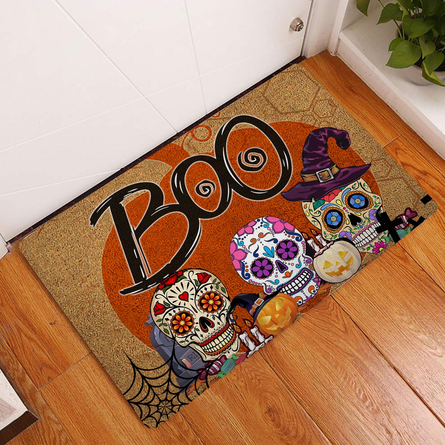 Ohaprints-Doormat-Outdoor-Indoor-Sugar-Skull-Halloween-Boo-Trick-Or-Treat-Pumpkin-Funny-Brown-Rubber-Door-Mat-1751-