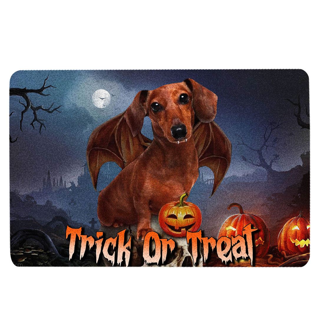 Ohaprints-Doormat-Outdoor-Indoor-Dachshund-Trick-Or-Treat-Boo-Halloween-Moon-Night-Pumpkin-Funny-Rubber-Door-Mat-1753-18'' x 30''