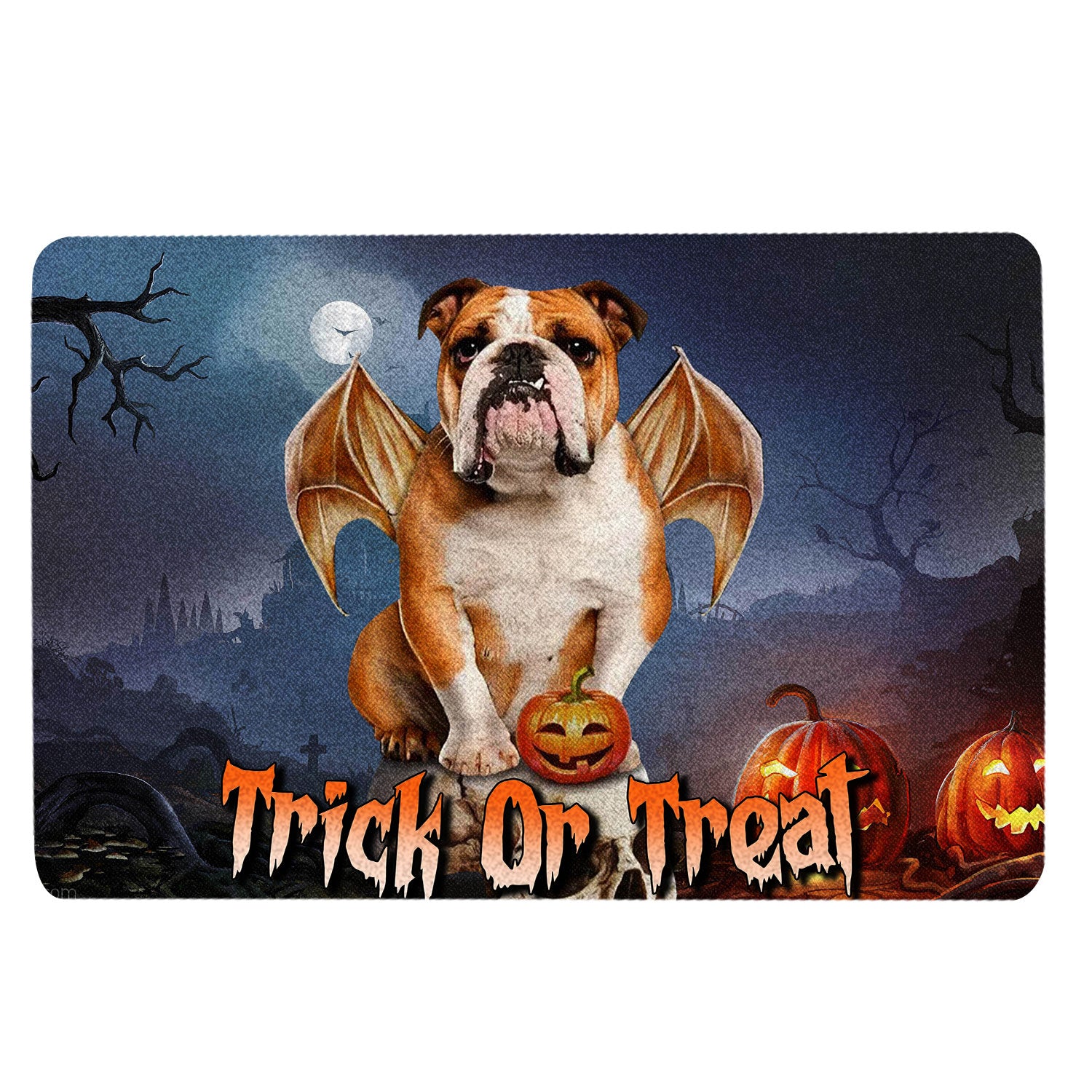 Ohaprints-Doormat-Outdoor-Indoor-English-Bulldog-Trick-Or-Treat-Boo-Halloween-Moon-Night-Pumpkin-Rubber-Door-Mat-1755-18'' x 30''