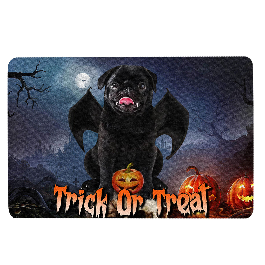 Ohaprints-Doormat-Outdoor-Indoor-Black-Pug-Trick-Or-Treat-Boo-Halloween-Moon-Night-Pumpkin-Funny-Rubber-Door-Mat-1756-18'' x 30''