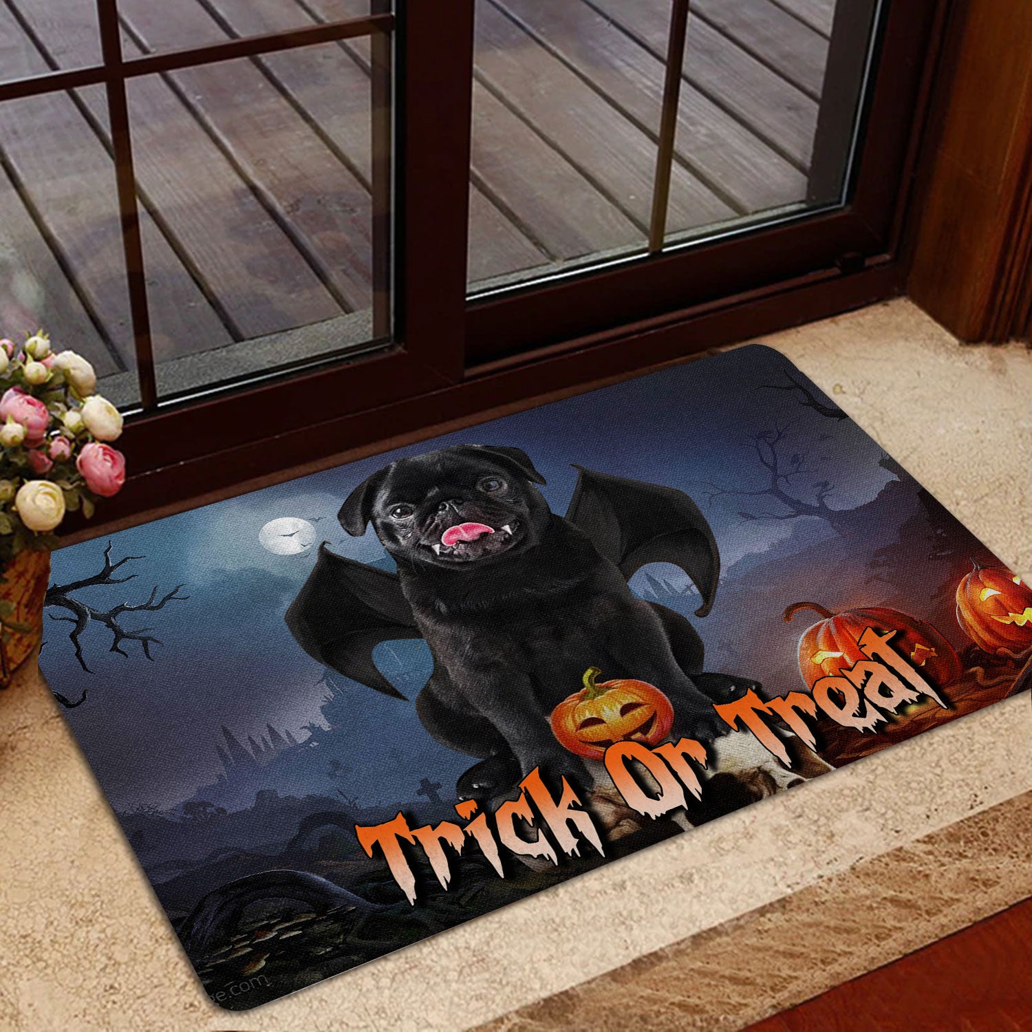 Ohaprints-Doormat-Outdoor-Indoor-Black-Pug-Trick-Or-Treat-Boo-Halloween-Moon-Night-Pumpkin-Funny-Rubber-Door-Mat-1756-