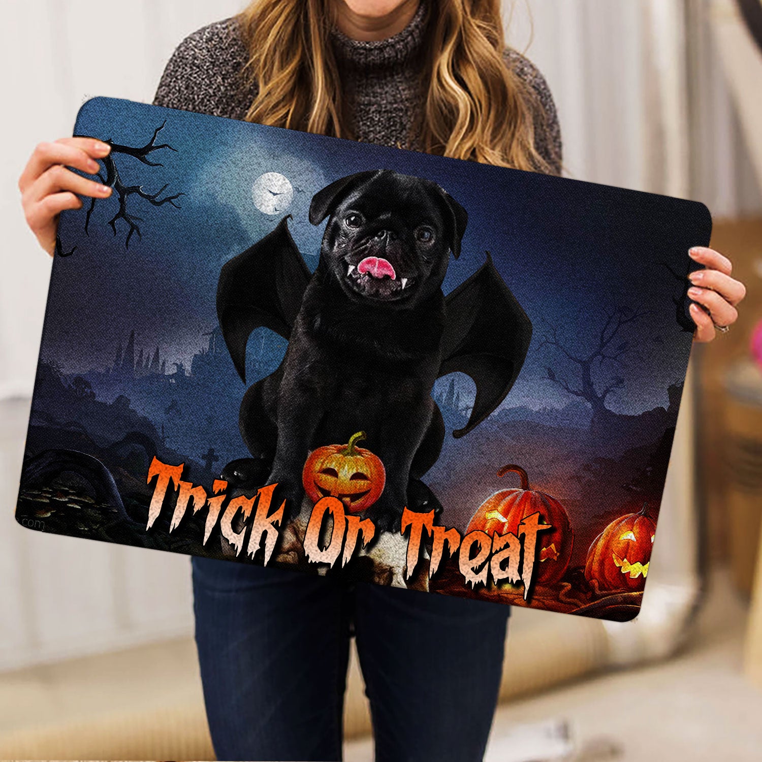 Ohaprints-Doormat-Outdoor-Indoor-Black-Pug-Trick-Or-Treat-Boo-Halloween-Moon-Night-Pumpkin-Funny-Rubber-Door-Mat-1756-