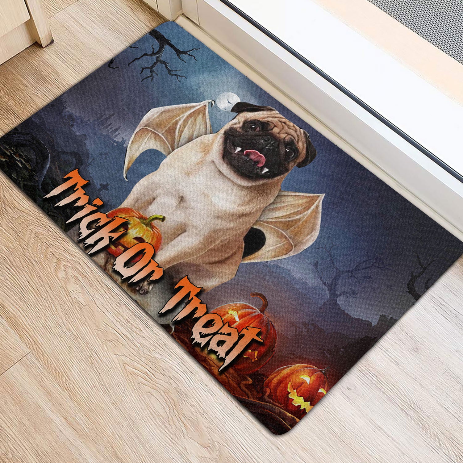 Ohaprints-Doormat-Outdoor-Indoor-Pug-Trick-Or-Treat-Boo-Happy-Halloween-Moon-Night-Pumpkin-Funny-Rubber-Door-Mat-1757-