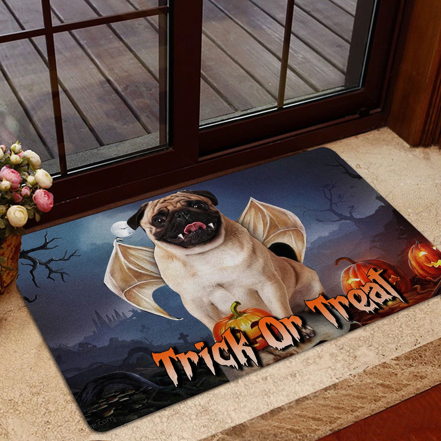 Ohaprints-Doormat-Outdoor-Indoor-Pug-Trick-Or-Treat-Boo-Happy-Halloween-Moon-Night-Pumpkin-Funny-Rubber-Door-Mat-1757-