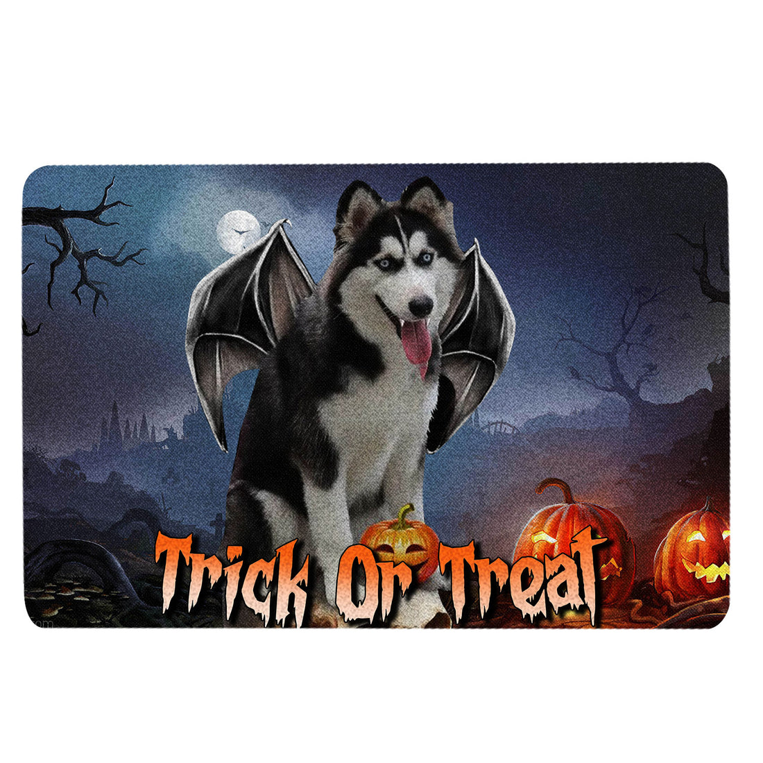 Ohaprints-Doormat-Outdoor-Indoor-Husky-Sibir-Trick-Or-Treat-Boo-Halloween-Moon-Night-Pumpkin-Rubber-Door-Mat-1758-18'' x 30''