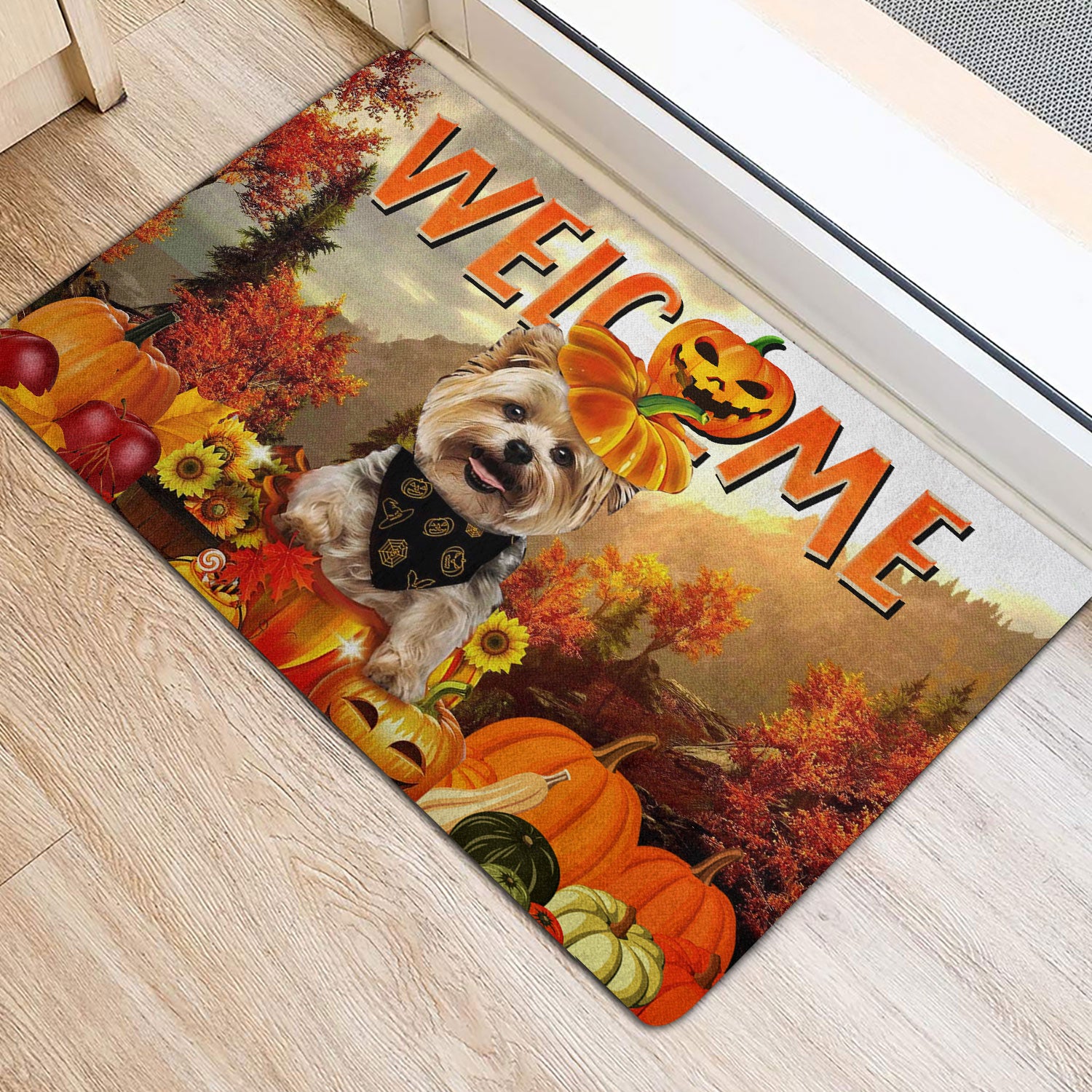 Ohaprints Doormat Outdoor Indoor Yorkshire Terrier Pumpkin