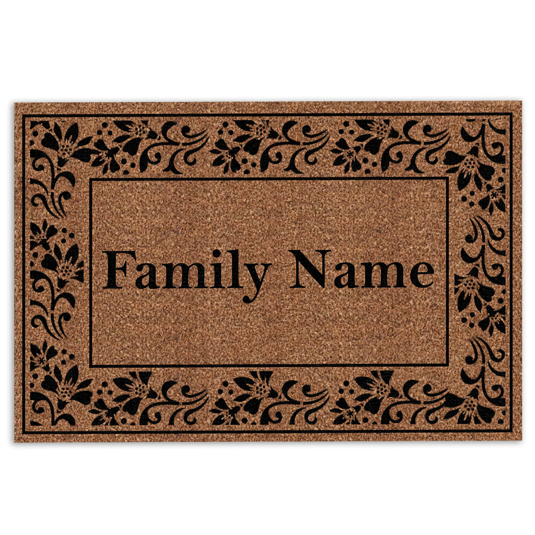 Ohaprints-Doormat-Outdoor-Indoor-Black-Rolling-Scrolls-Bordered-Brown-Custom-Personalized-Name-Rubber-Door-Mat-843-18'' x 30''