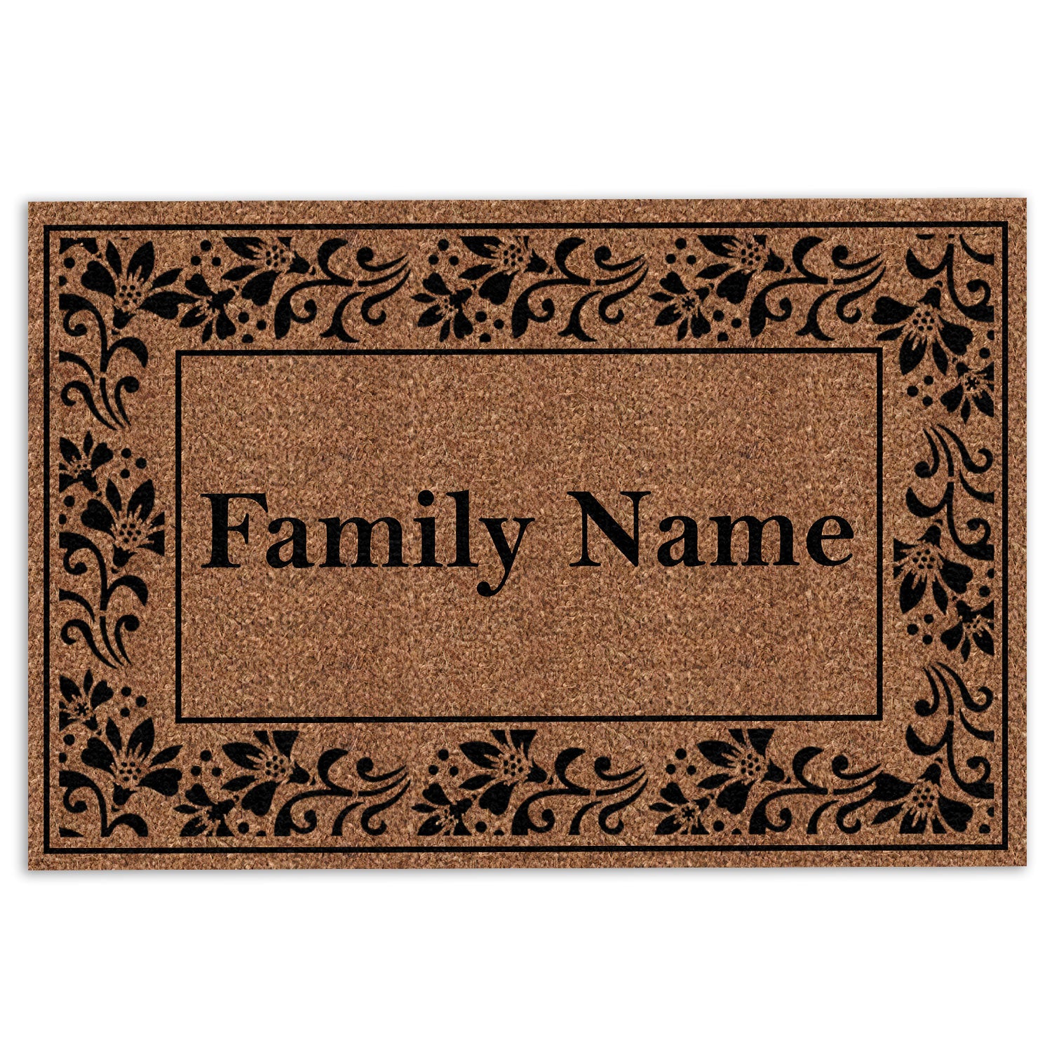 Ohaprints-Doormat-Outdoor-Indoor-Black-Rolling-Scrolls-Bordered-Brown-Custom-Personalized-Name-Rubber-Door-Mat-843-18'' x 30''