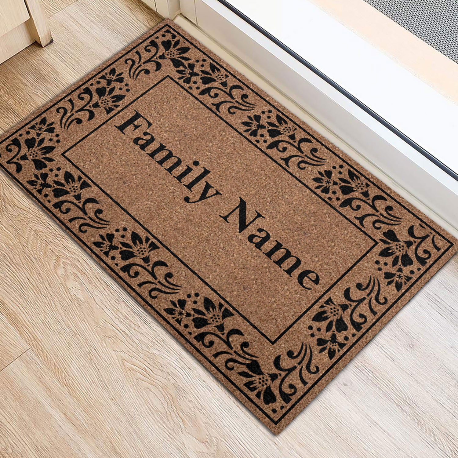 Ohaprints-Doormat-Outdoor-Indoor-Black-Rolling-Scrolls-Bordered-Brown-Custom-Personalized-Name-Rubber-Door-Mat-843-