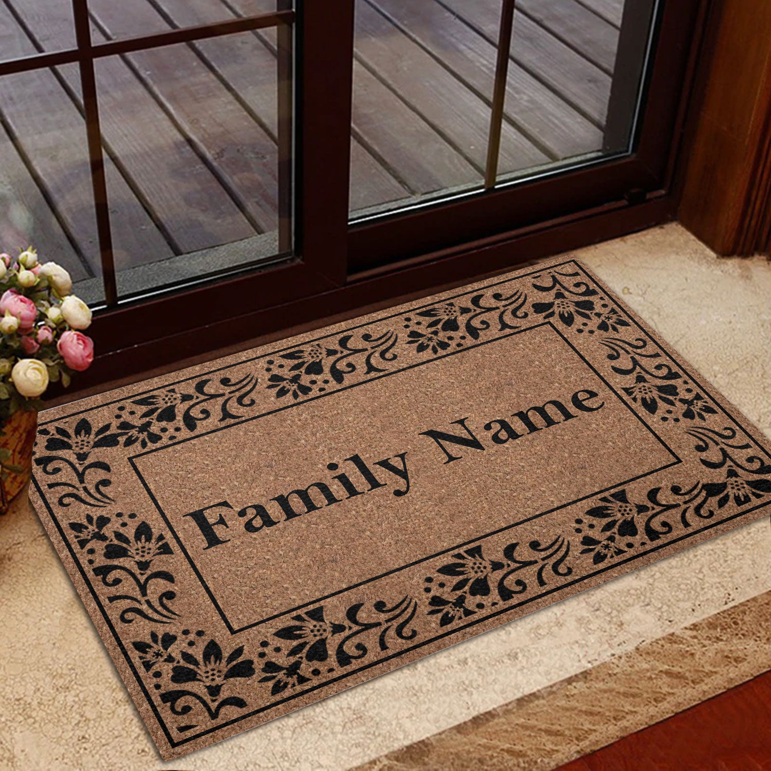 Ohaprints-Doormat-Outdoor-Indoor-Black-Rolling-Scrolls-Bordered-Brown-Custom-Personalized-Name-Rubber-Door-Mat-843-