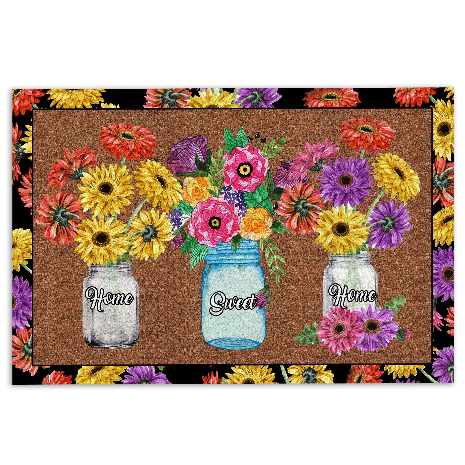 Ohaprints-Doormat-Outdoor-Indoor-Flower-Jars-Floral-Home-Sweet-Home-Brown-Housewarming-Gift-Rubber-Door-Mat-846-18'' x 30''