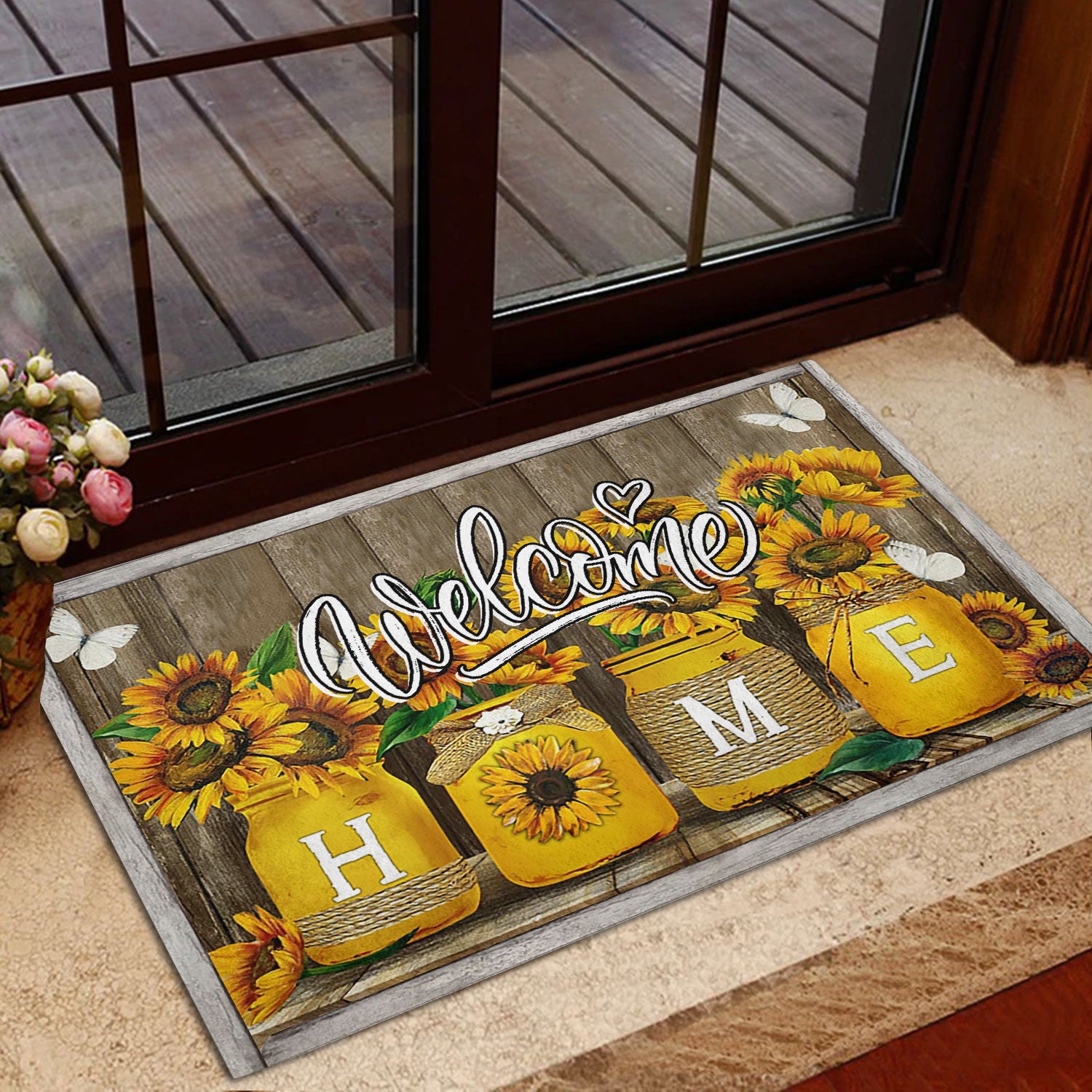 Ohaprints-Doormat-Outdoor-Indoor-Sunflower-Jars-Floral-Butterfly-Welcome-Home-Brown-Housewarming-Rubber-Door-Mat-858-