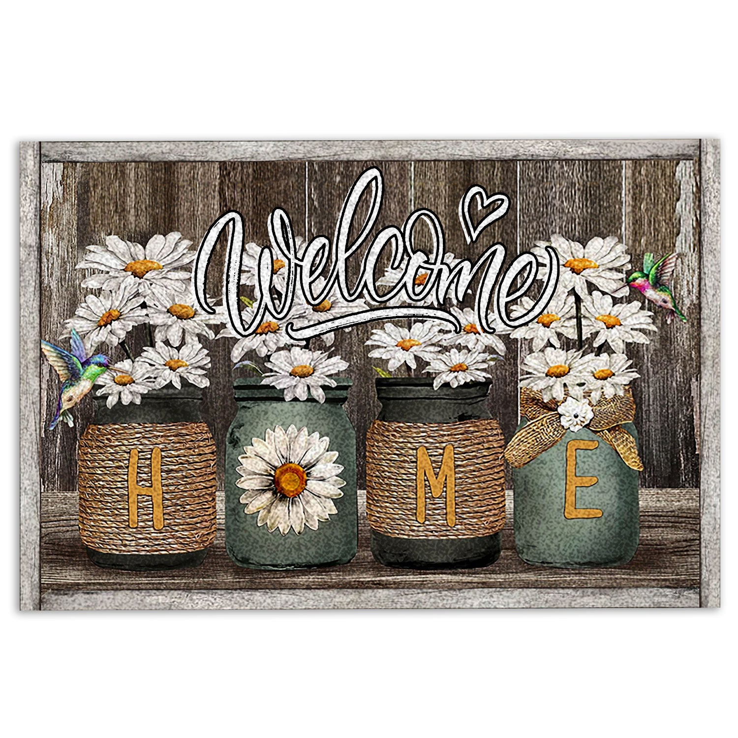 Ohaprints-Doormat-Outdoor-Indoor-Daisy-Flower-Jars-Hummingbird-Welcome-Home-Brown-Housewarming-Rubber-Door-Mat-860-18'' x 30''