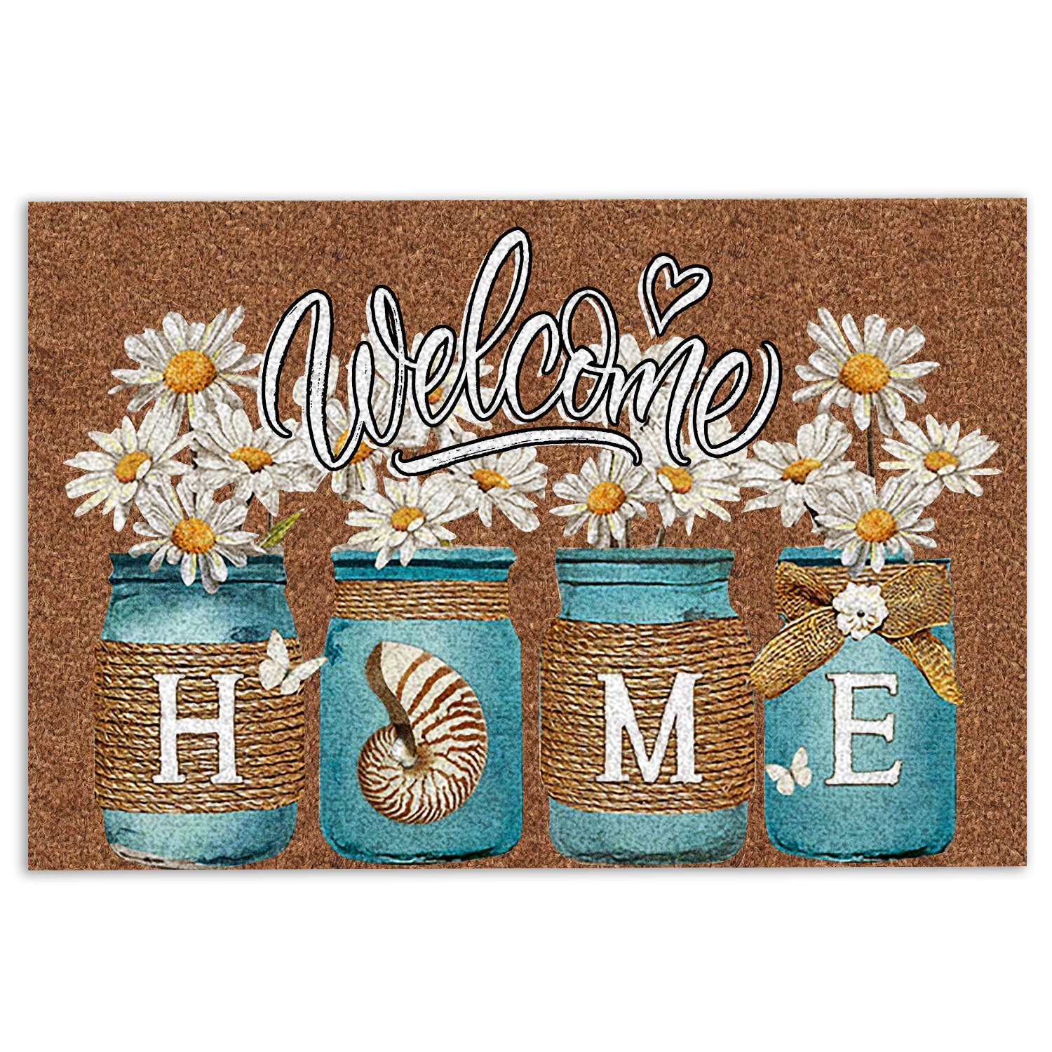 Ohaprints-Doormat-Outdoor-Indoor-Daisy-Flower-Blue-Jars-Floral-Welcome-Home-Brown-Housewarming-Rubber-Door-Mat-863-18'' x 30''