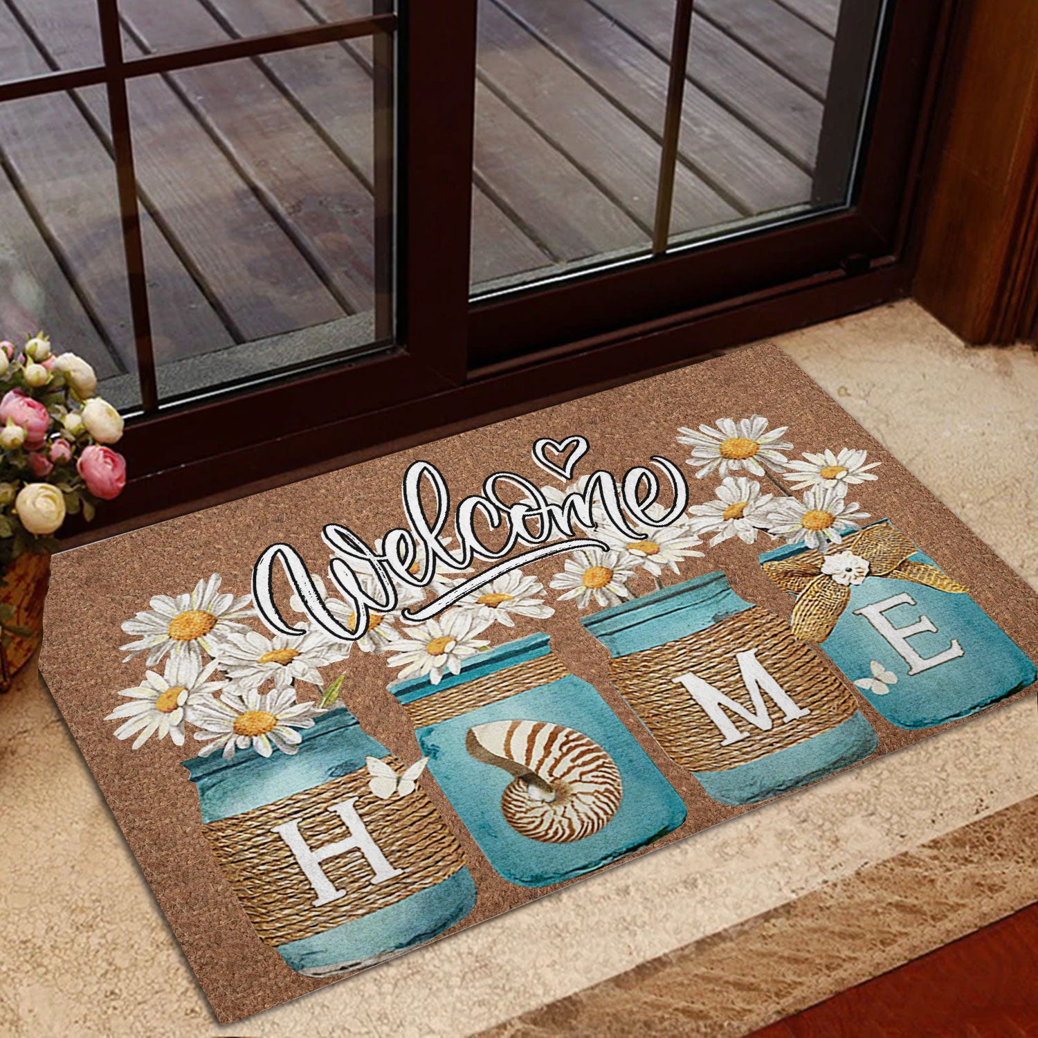 Ohaprints-Doormat-Outdoor-Indoor-Daisy-Flower-Blue-Jars-Floral-Welcome-Home-Brown-Housewarming-Rubber-Door-Mat-863-