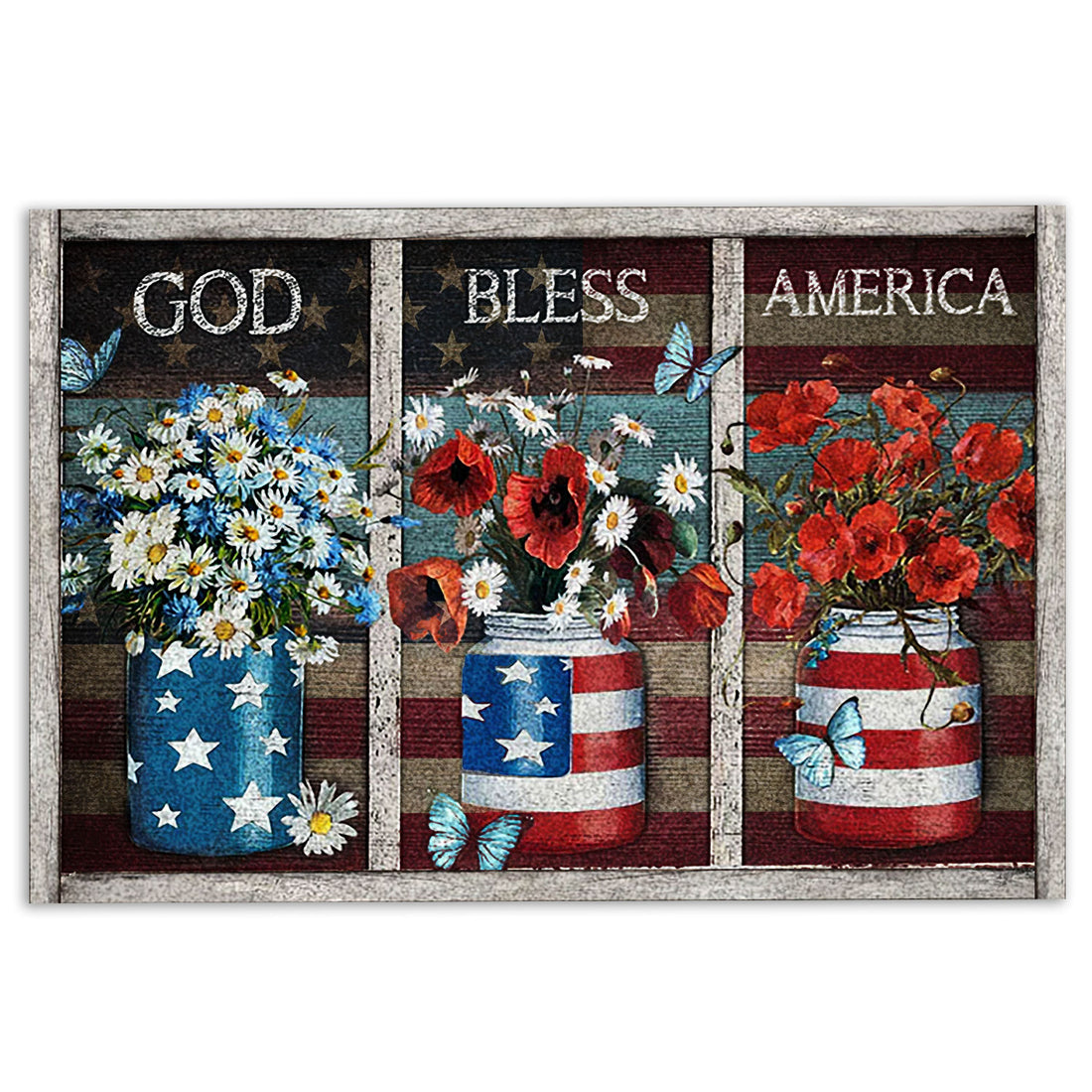 Ohaprints-Doormat-Outdoor-Indoor-Flower-American-Us-Flag-Jars-God-Bless-America-Happy-4Th-Of-July-Rubber-Door-Mat-864-18'' x 30''