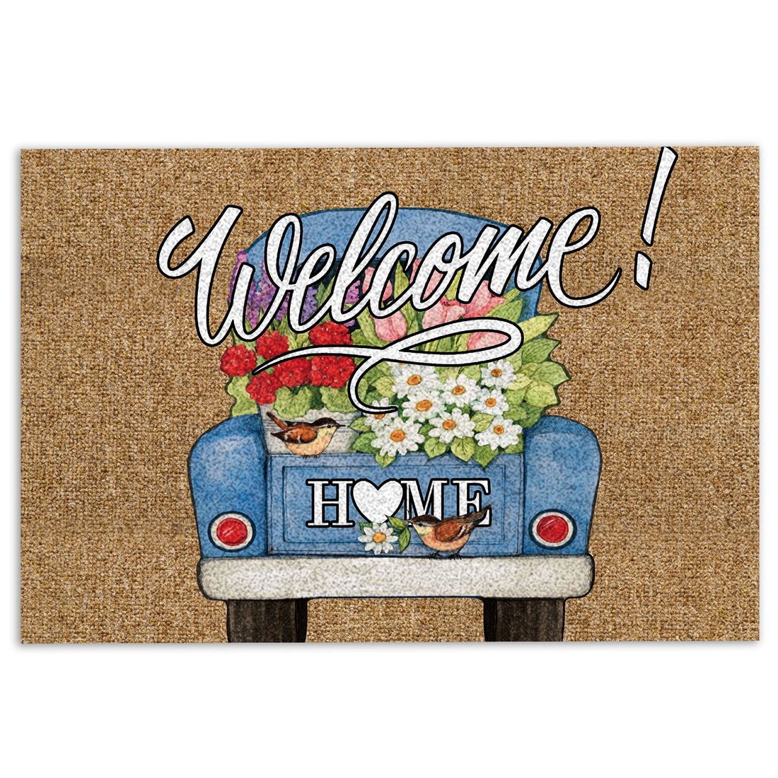 Ohaprints-Doormat-Outdoor-Indoor-Blue-Truck-Flower-Bird-Welcome-Home-Gift-For-Housewarming-Brown-Rubber-Door-Mat-865-18'' x 30''