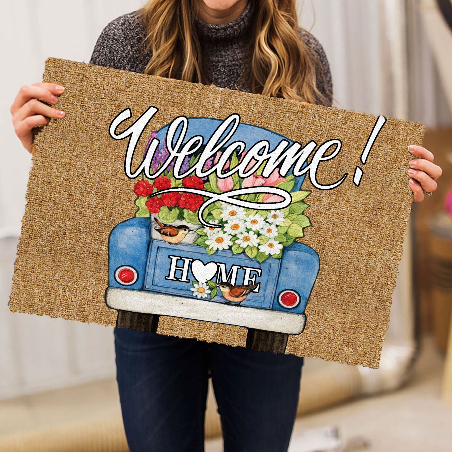 Ohaprints-Doormat-Outdoor-Indoor-Blue-Truck-Flower-Bird-Welcome-Home-Gift-For-Housewarming-Brown-Rubber-Door-Mat-865-