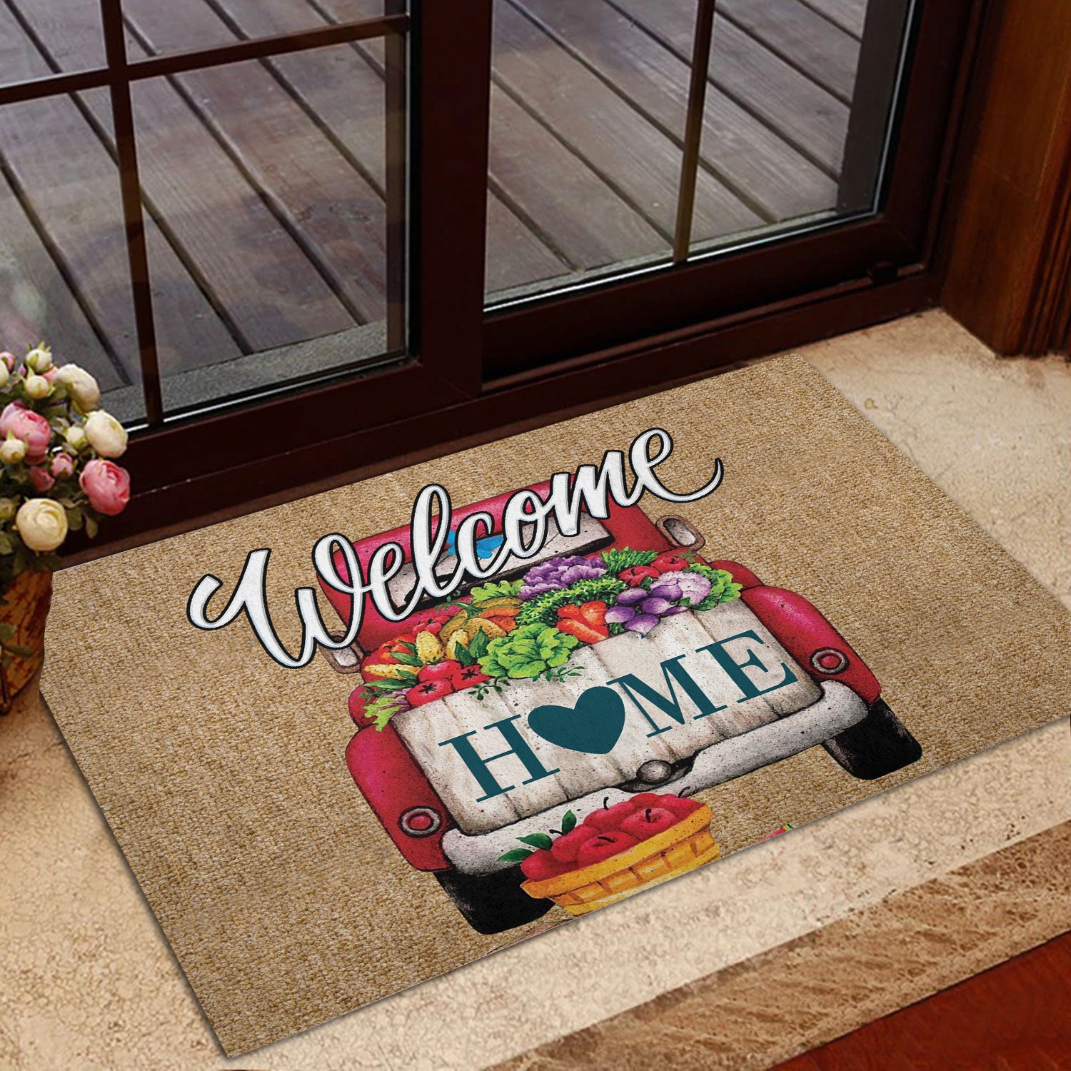 Ohaprints-Doormat-Outdoor-Indoor-Red-Truck-Flower-Juice-Welcome-Home-Gift-For-Housewarming-Brown-Rubber-Door-Mat-866-