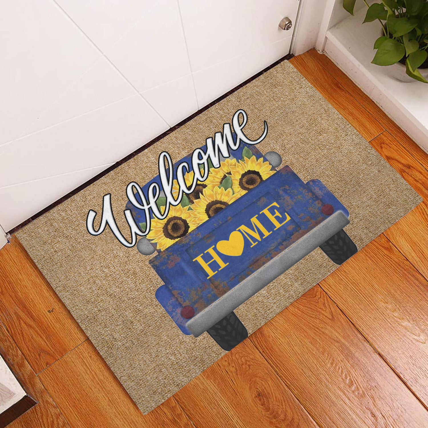 Ohaprints-Doormat-Outdoor-Indoor-Navy-Truck-Sunflower-Welcome-Home-Gift-For-Housewarming-Brown-Rubber-Door-Mat-867-