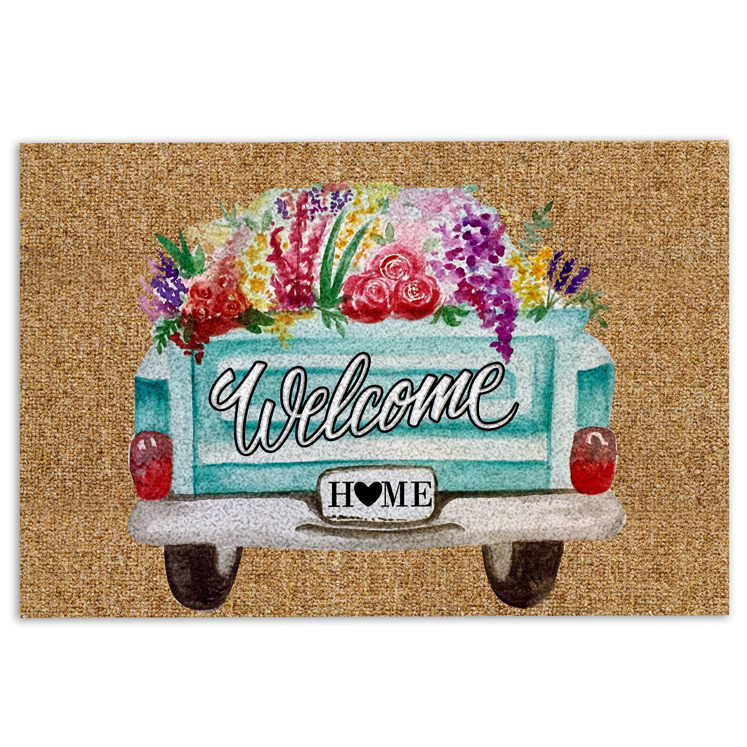 Ohaprints-Doormat-Outdoor-Indoor-Turquoise-Truck-Flower-Welcome-Home-Gift-For-Housewarming-Brown-Rubber-Door-Mat-868-18'' x 30''