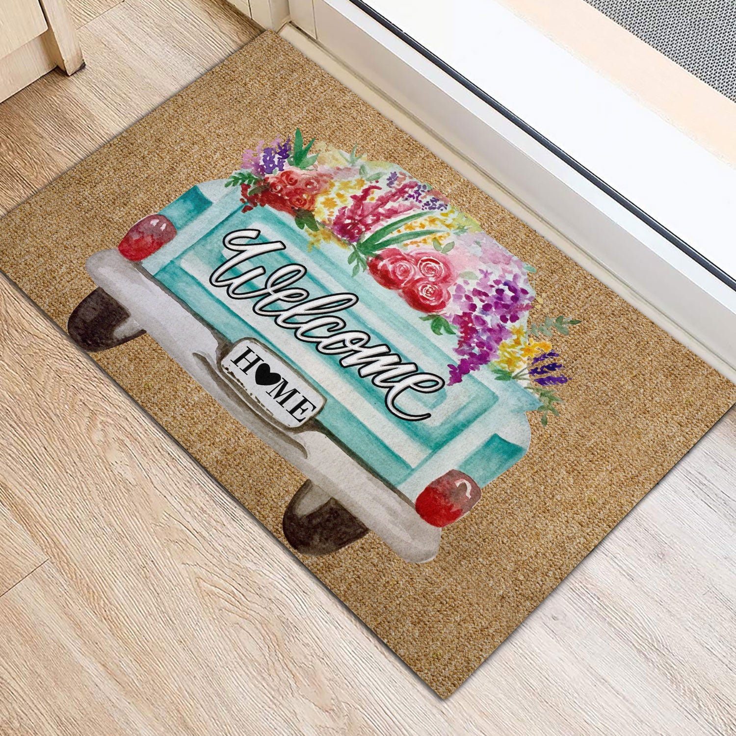 Ohaprints-Doormat-Outdoor-Indoor-Turquoise-Truck-Flower-Welcome-Home-Gift-For-Housewarming-Brown-Rubber-Door-Mat-868-