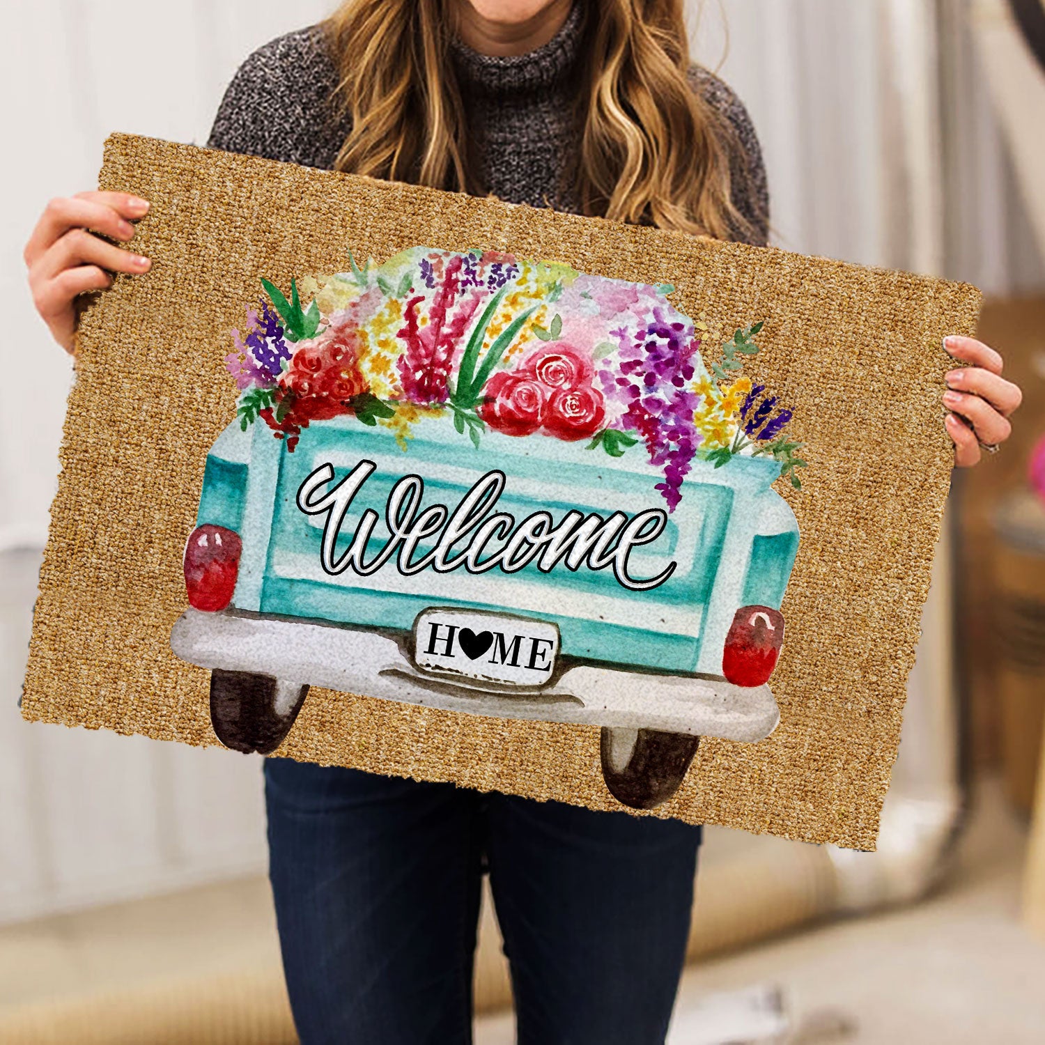 Ohaprints-Doormat-Outdoor-Indoor-Turquoise-Truck-Flower-Welcome-Home-Gift-For-Housewarming-Brown-Rubber-Door-Mat-868-