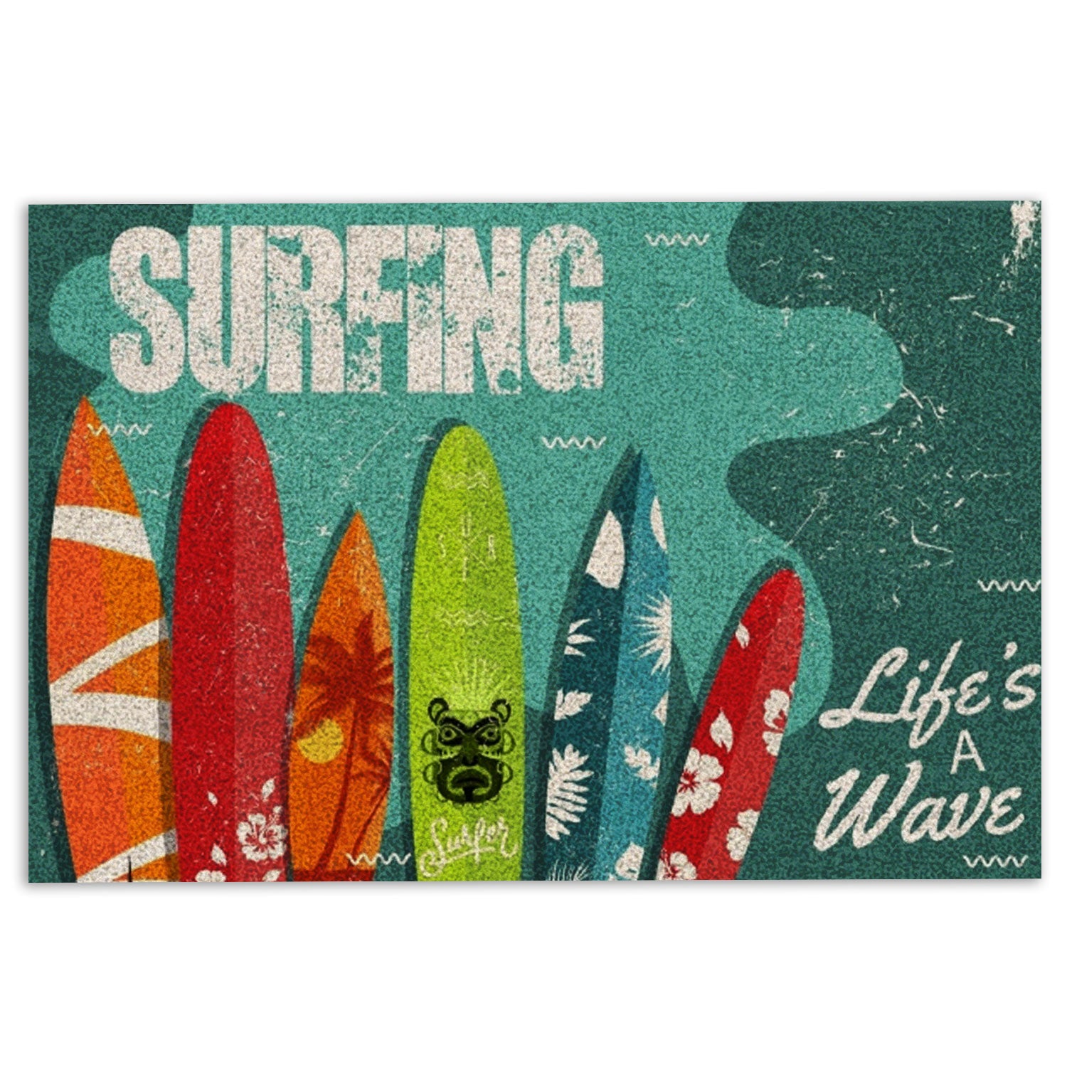 Ohaprints-Doormat-Outdoor-Indoor-Surfing-Surfboard-Life-Is-A-Wave-Beach-Life-Hello-Summer-Blue-Rubber-Door-Mat-870-18'' x 30''