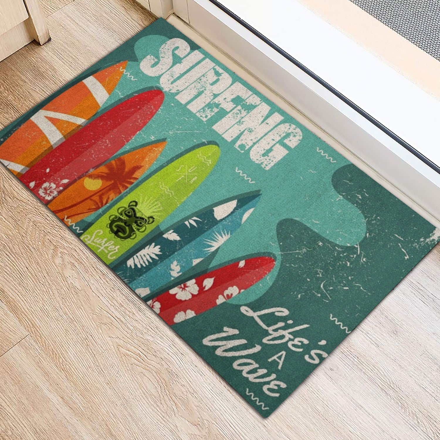 Ohaprints-Doormat-Outdoor-Indoor-Surfing-Surfboard-Life-Is-A-Wave-Beach-Life-Hello-Summer-Blue-Rubber-Door-Mat-870-