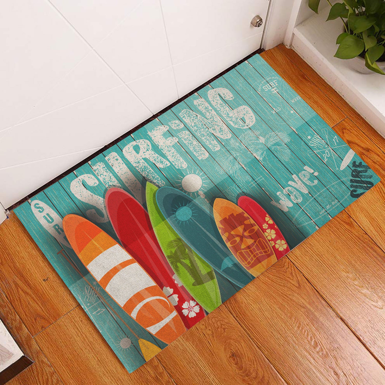 Ohaprints-Doormat-Outdoor-Indoor-Surfing-Surfboard-Beach-Life-Hello-Summer-Blue-Wood-Pattern-Rubber-Door-Mat-871-