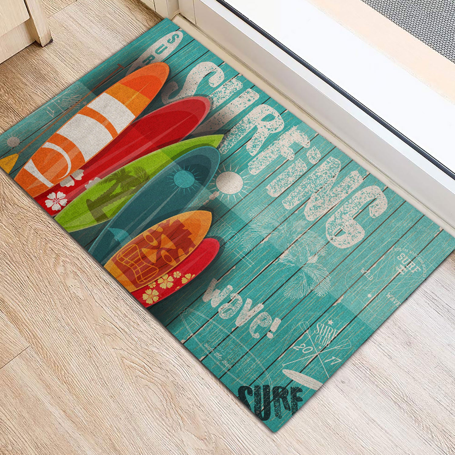 Ohaprints-Doormat-Outdoor-Indoor-Surfing-Surfboard-Beach-Life-Hello-Summer-Blue-Wood-Pattern-Rubber-Door-Mat-871-