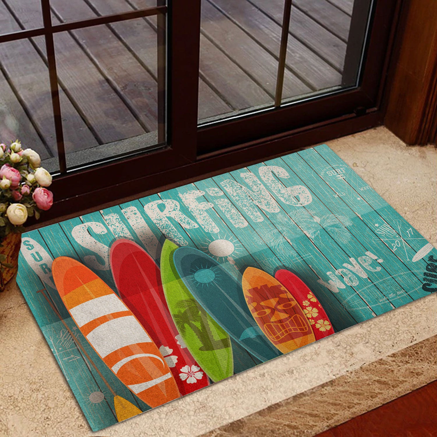 Ohaprints-Doormat-Outdoor-Indoor-Surfing-Surfboard-Beach-Life-Hello-Summer-Blue-Wood-Pattern-Rubber-Door-Mat-871-