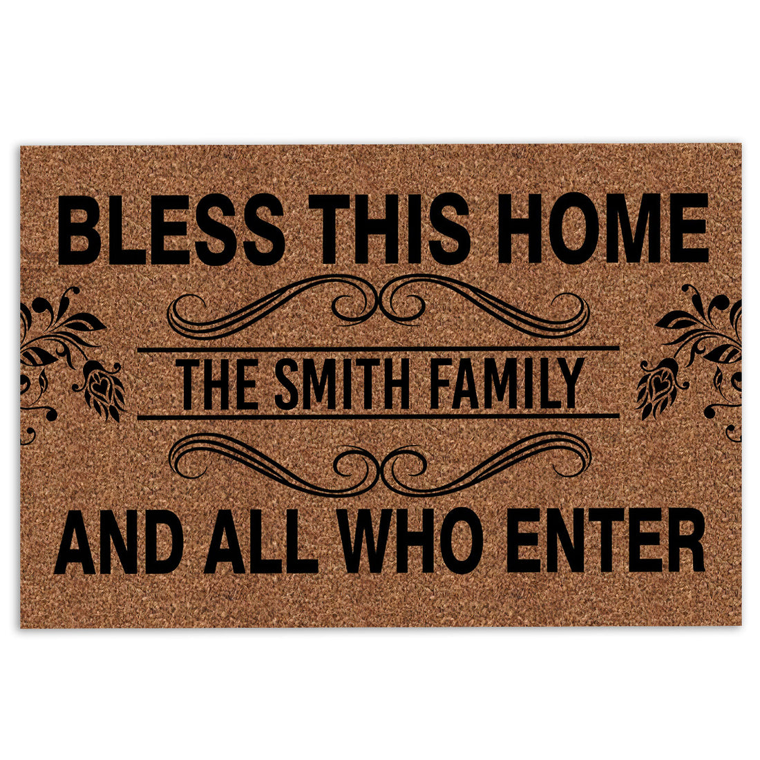 Ohaprints-Doormat-Outdoor-Indoor-Bless-This-Home-And-All-Who-Enter-Brown-Custom-Personalized-Name-Rubber-Door-Mat-877-18'' x 30''