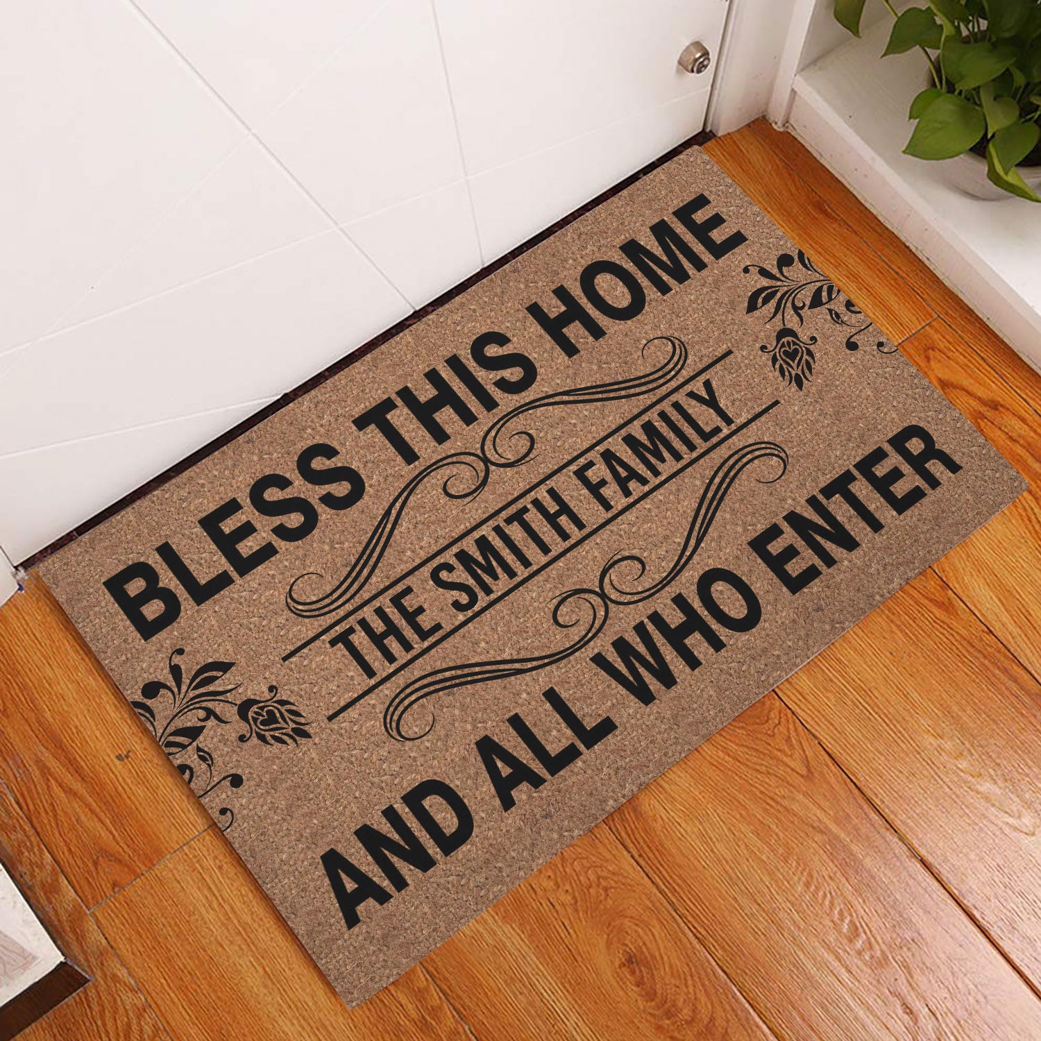 Ohaprints-Doormat-Outdoor-Indoor-Bless-This-Home-And-All-Who-Enter-Brown-Custom-Personalized-Name-Rubber-Door-Mat-877-