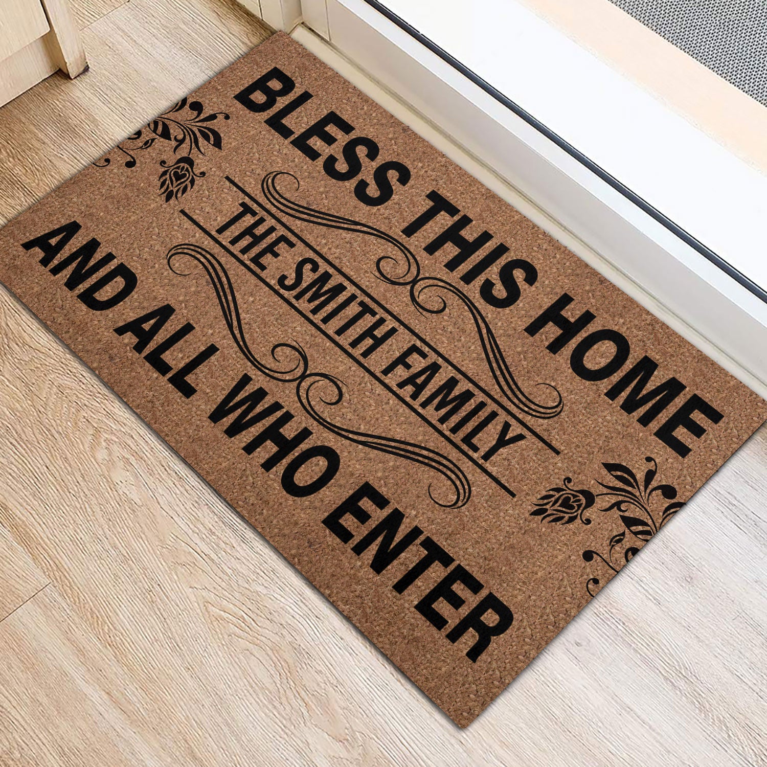 Ohaprints-Doormat-Outdoor-Indoor-Bless-This-Home-And-All-Who-Enter-Brown-Custom-Personalized-Name-Rubber-Door-Mat-877-