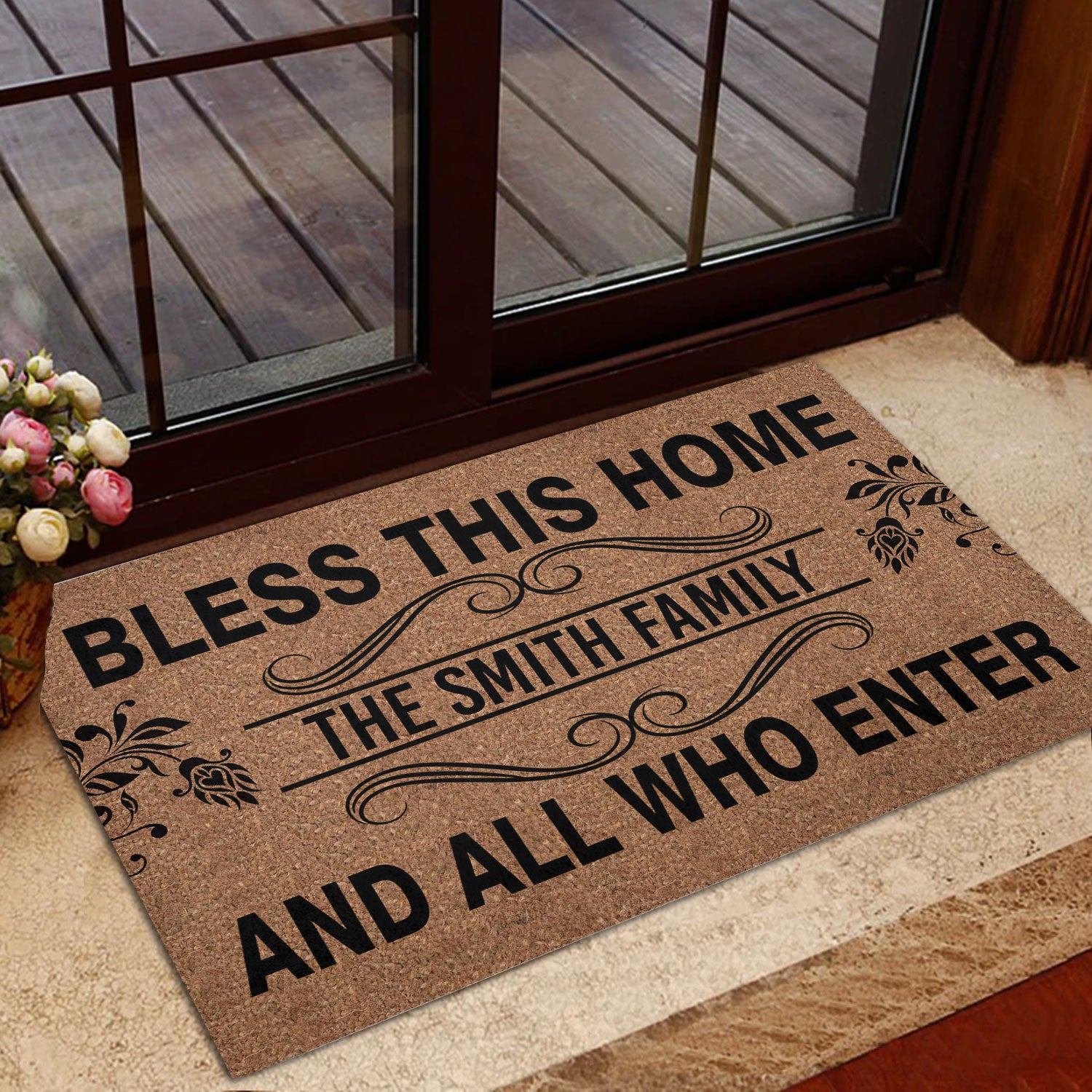 Ohaprints-Doormat-Outdoor-Indoor-Bless-This-Home-And-All-Who-Enter-Brown-Custom-Personalized-Name-Rubber-Door-Mat-877-