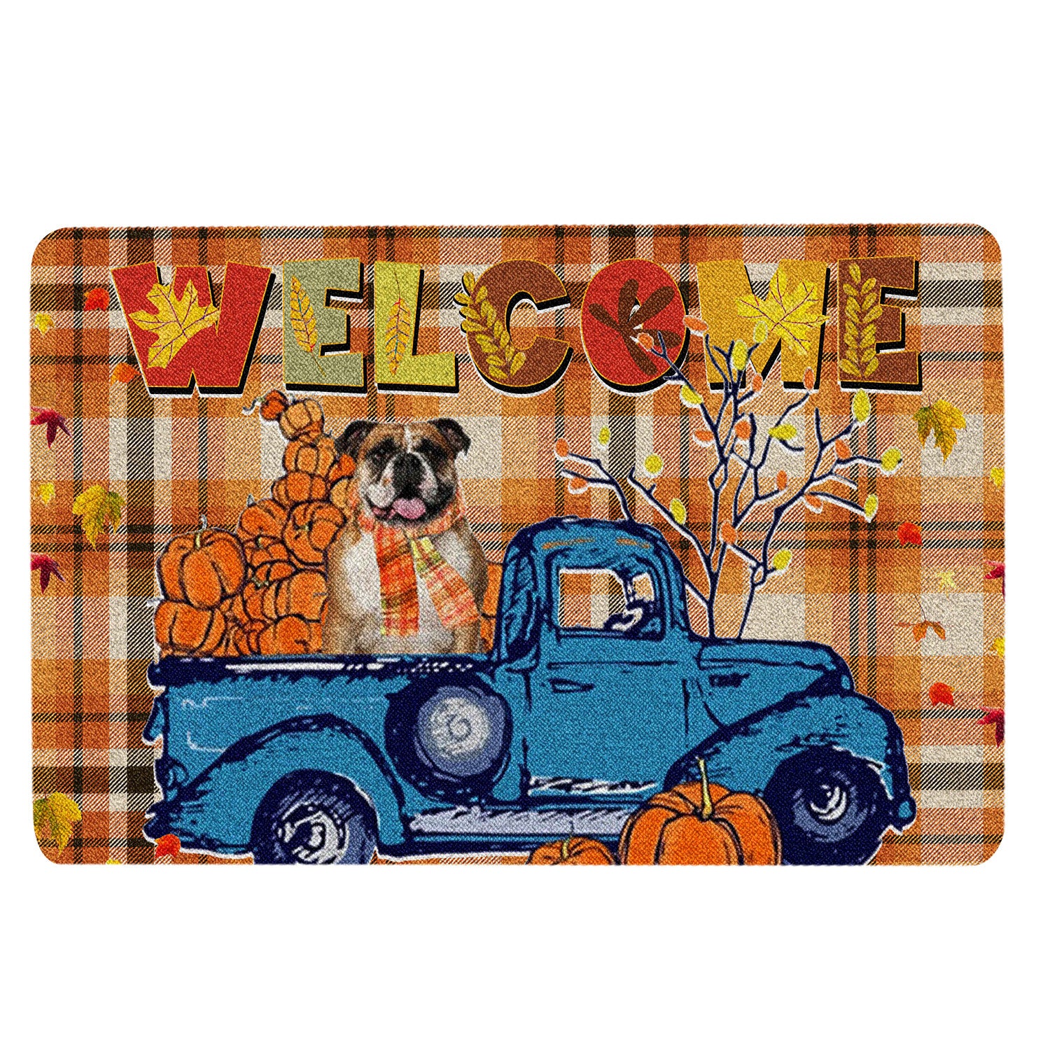 Ohaprints-Doormat-Outdoor-Indoor-English-Bulldog-Pumpkin-Truck-Welcome-Autumn-Happy-Fall-Y'All-Rubber-Door-Mat-1812-18'' x 30''