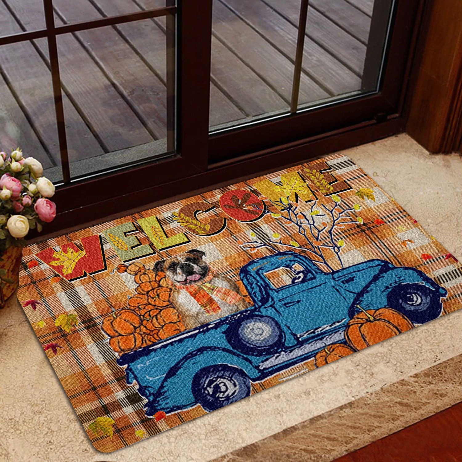 Ohaprints-Doormat-Outdoor-Indoor-English-Bulldog-Pumpkin-Truck-Welcome-Autumn-Happy-Fall-Y'All-Rubber-Door-Mat-1812-