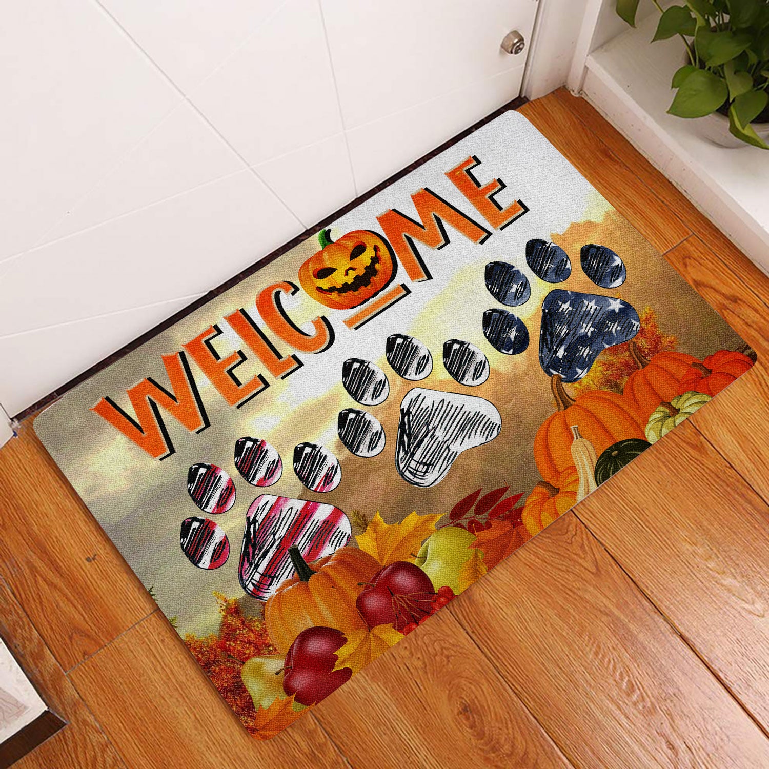 Ohaprints-Doormat-Outdoor-Indoor-Dog-Paw-Pumpkin-Autumn-Happy-Fall-Y'All-Thanksgiving-Day-Rubber-Door-Mat-1897-