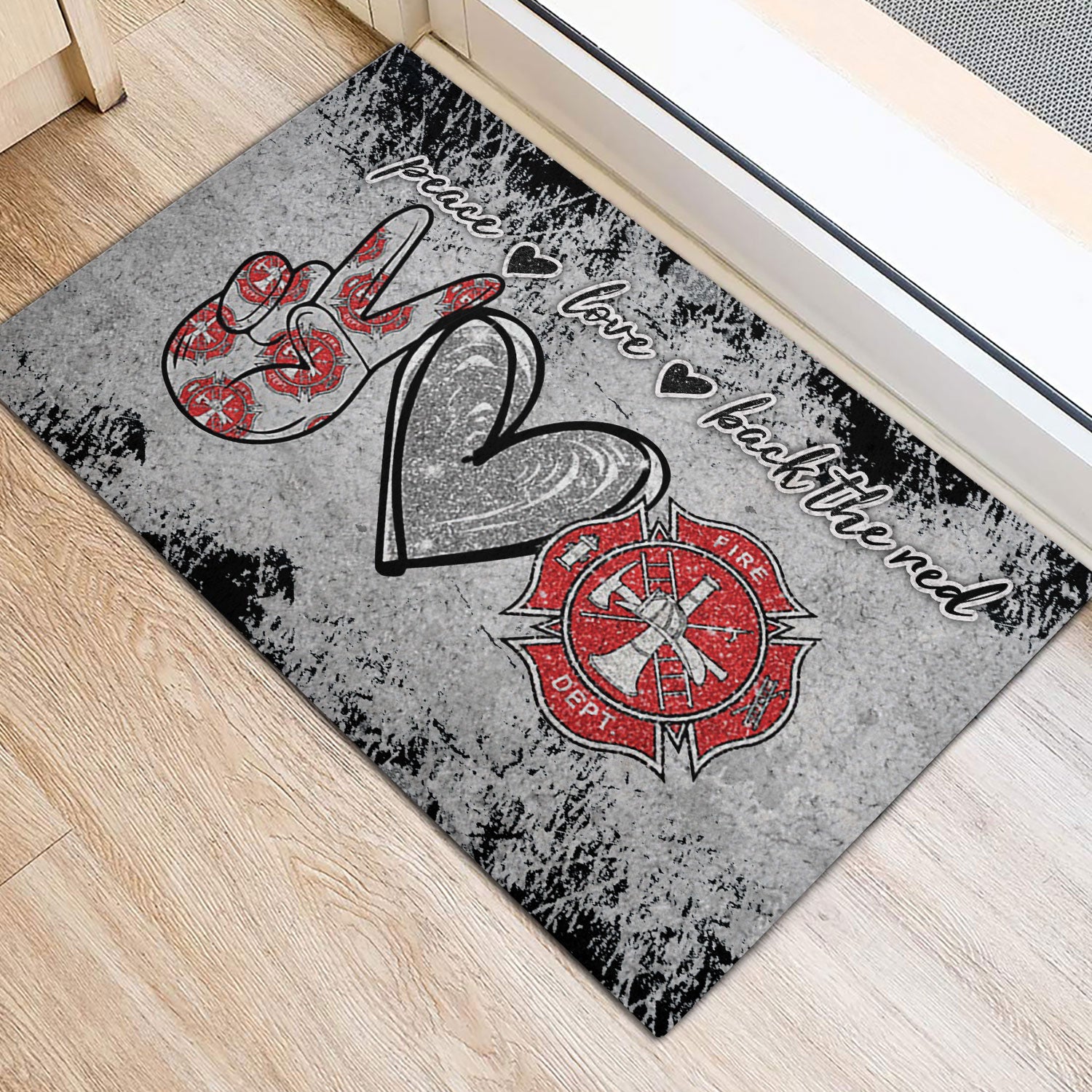 Ohaprints-Doormat-Outdoor-Indoor-Firefighter-Fireman-Peace-Love-Back-The-Red-Thin-Red-Line-Grey-Rubber-Door-Mat-956-