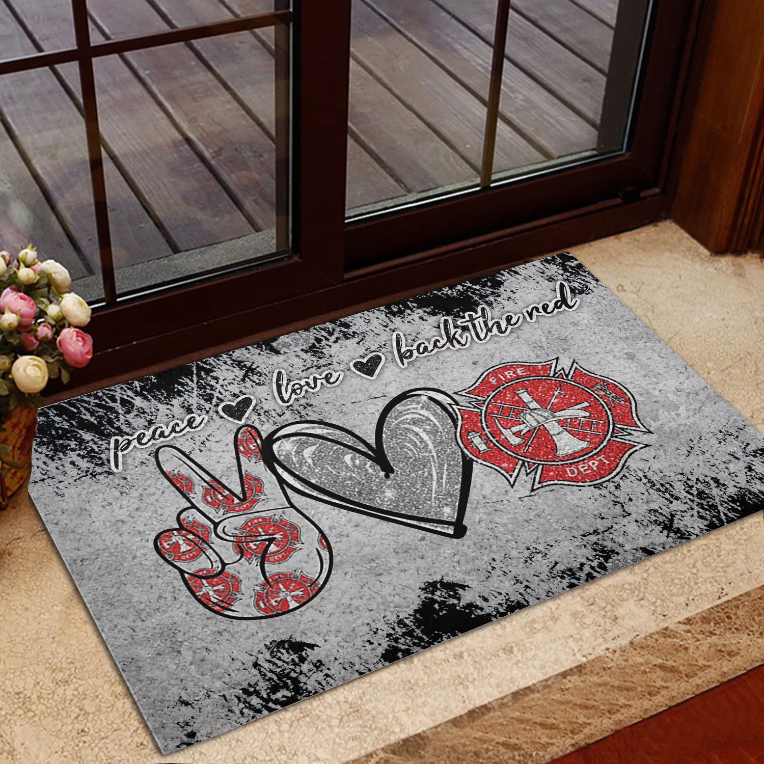 Ohaprints-Doormat-Outdoor-Indoor-Firefighter-Fireman-Peace-Love-Back-The-Red-Thin-Red-Line-Grey-Rubber-Door-Mat-956-