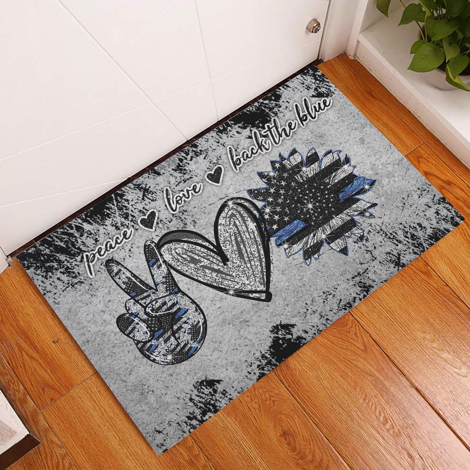 Ohaprints-Doormat-Outdoor-Indoor-Police-Peace-Love-Back-The-Blue-Thin-Blue-Line-Grey-Pattern-Rubber-Door-Mat-957-