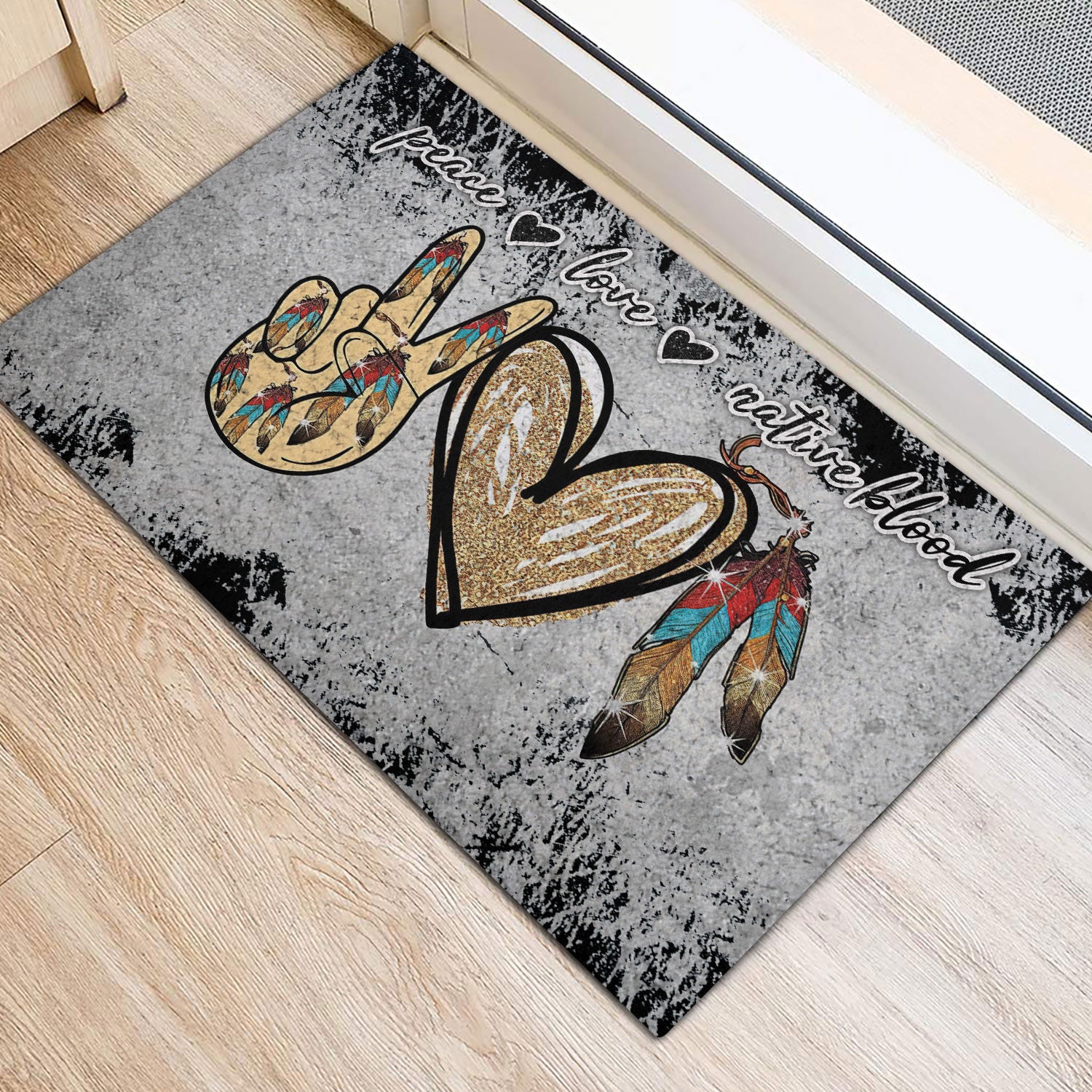 Ohaprints-Doormat-Outdoor-Indoor-Native-American-Native-Boho-Feather-Peace-Love-Native-Blood-Grey-Rubber-Door-Mat-958-