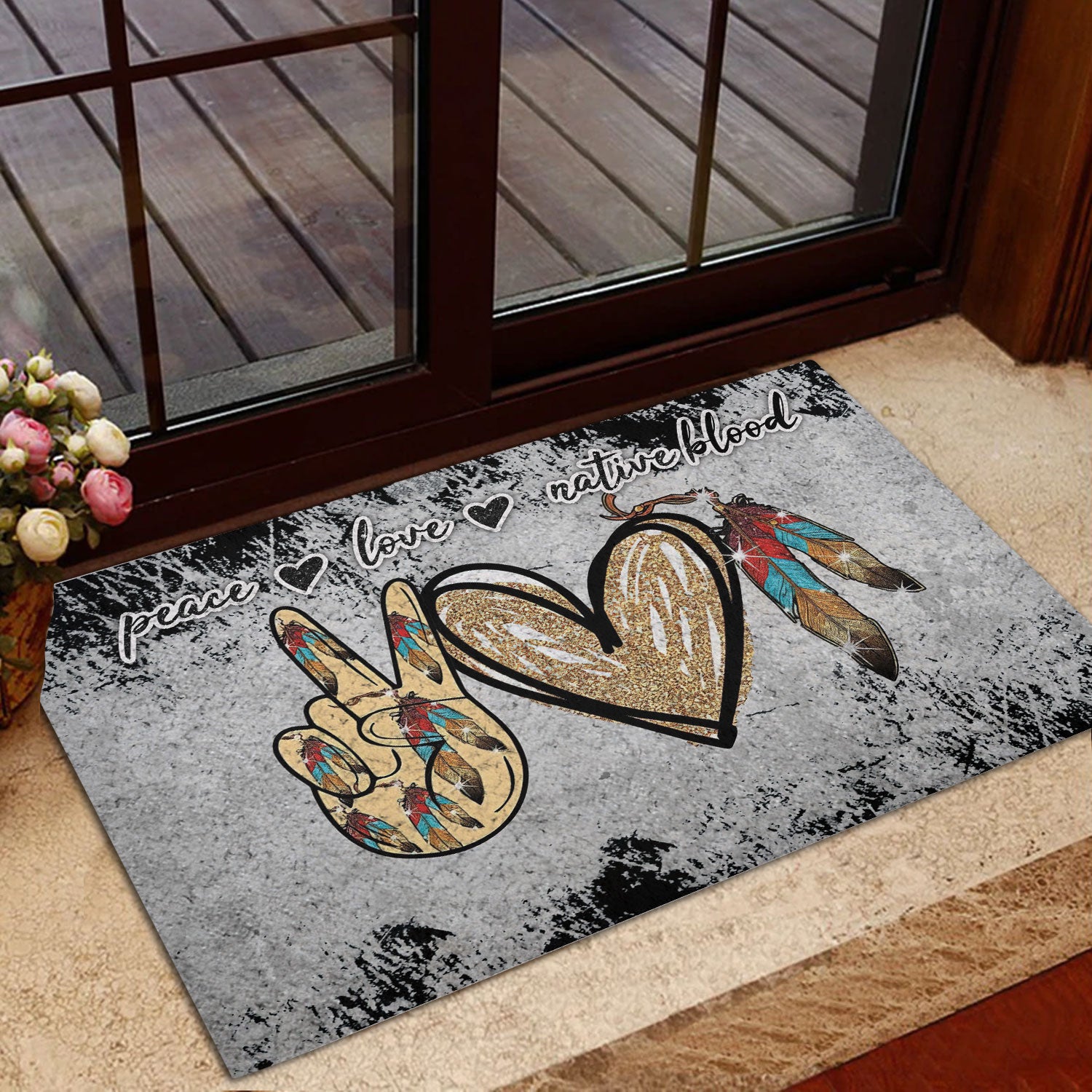 Ohaprints-Doormat-Outdoor-Indoor-Native-American-Native-Boho-Feather-Peace-Love-Native-Blood-Grey-Rubber-Door-Mat-958-