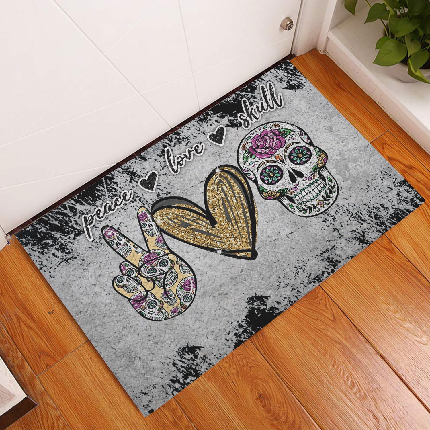 Ohaprints-Doormat-Outdoor-Indoor-Peace-Love-Sugar-Skull-Unique-Gift-For-Skull-Lover-Grey-Pattern-Rubber-Door-Mat-959-