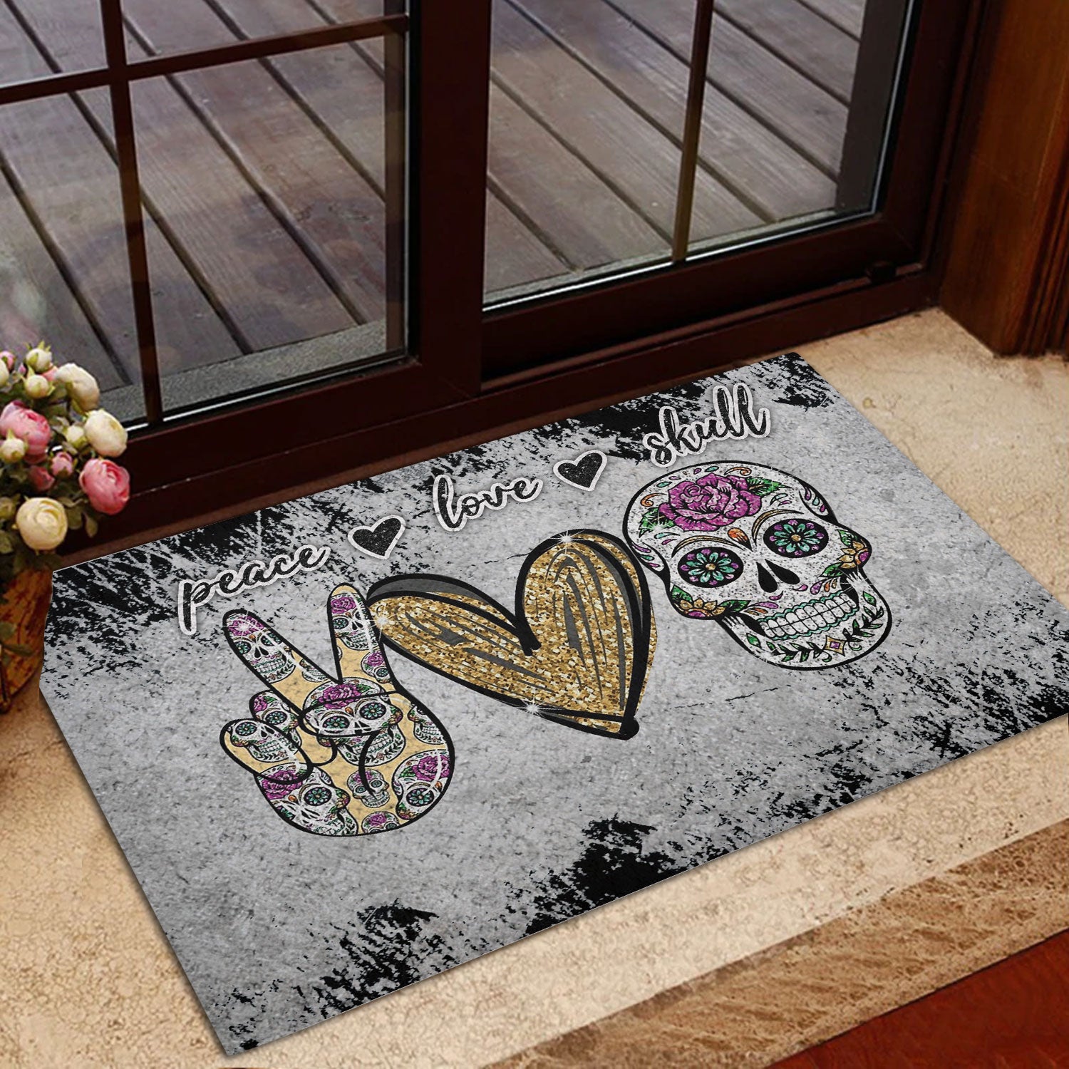 Ohaprints-Doormat-Outdoor-Indoor-Peace-Love-Sugar-Skull-Unique-Gift-For-Skull-Lover-Grey-Pattern-Rubber-Door-Mat-959-